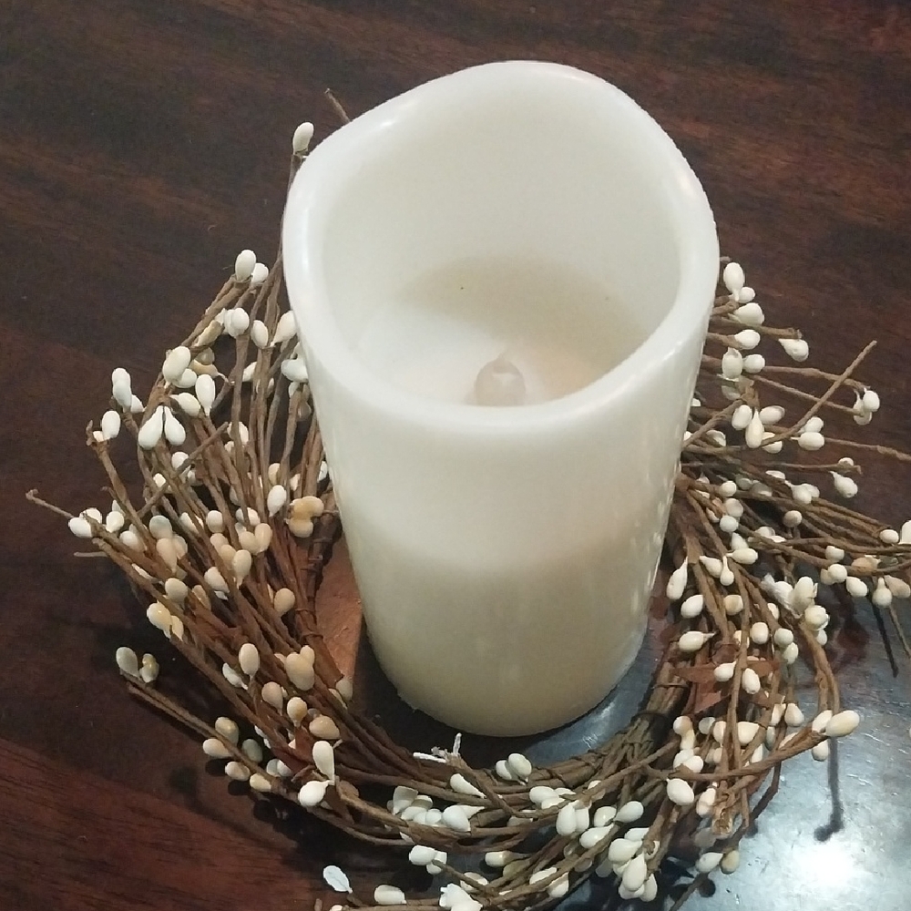 Elegant White LED Candle with Decorative Wreath